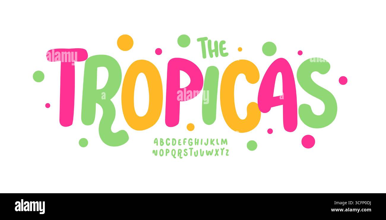 Buntes lustiges Alphabet, verspieltes fröhliches Schriftbild für Kinder-Logo, Geburtstagsüberschrift, fröhliche Typografie, flippiges typografisches Design. Auffällige, abgerundete Beweglichkeit Stock Vektor