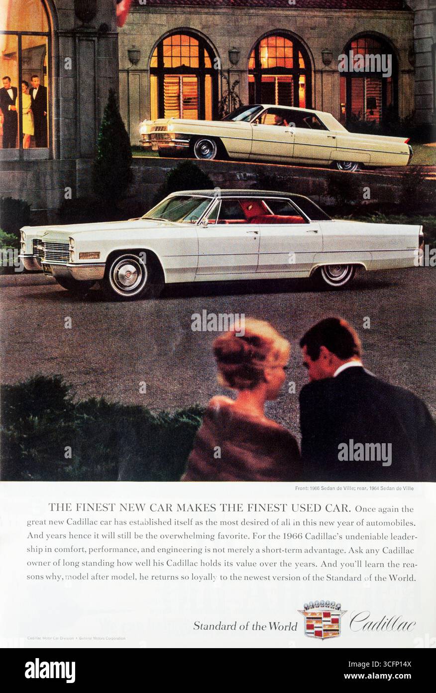 1966 Werbespot in der Zeitschrift Cadillac Sedan de Ville Cars. Stockfoto