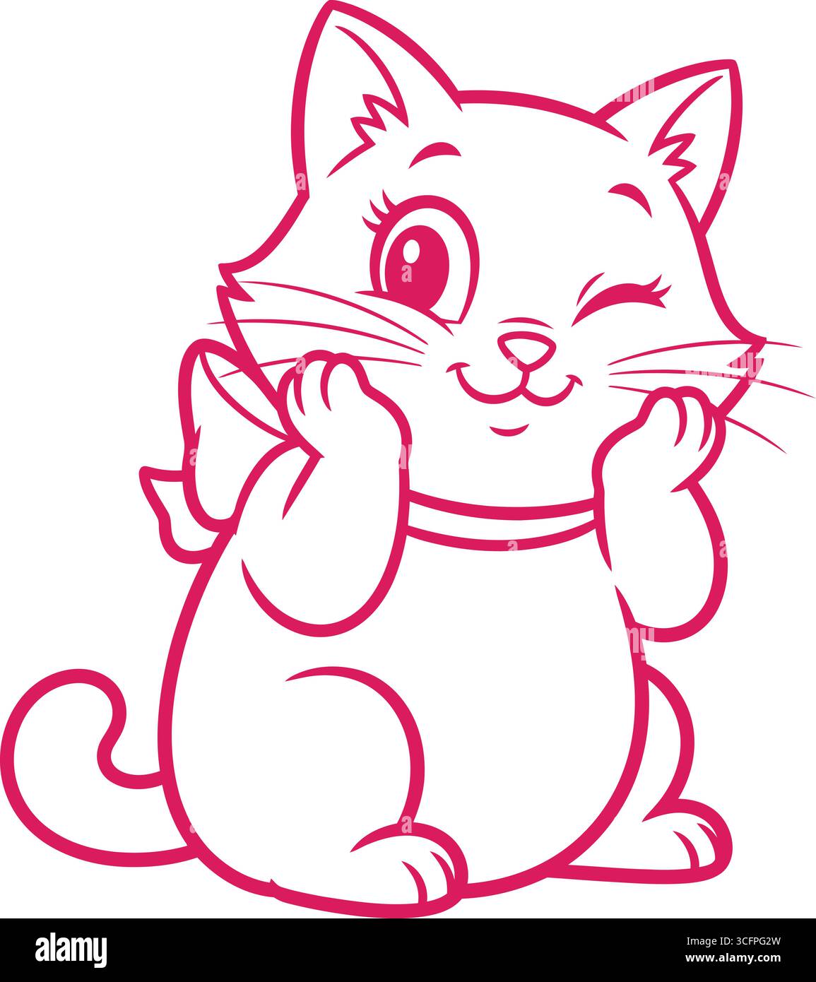 Eine bezaubernde Illustration einer niedlichen Katze im Cartoon-Stil, gezeichnet mit auffälligen rosa Umrissen. Die Katze hat große, ausdrucksstarke Augen – ein verspieltes Zwinkern – und einen Applaus Stock Vektor