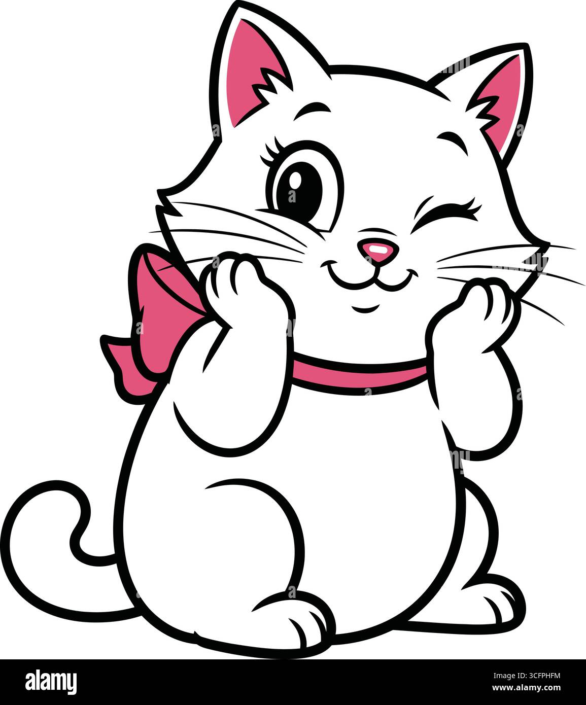 Eine verspielte Illustration im Cartoon-Stil einer weißen Katze mit einer rosa Schleife auf dem Rücken und einem passenden rosa Kragen um den Hals. Die Katze hat groß, Express Stock Vektor