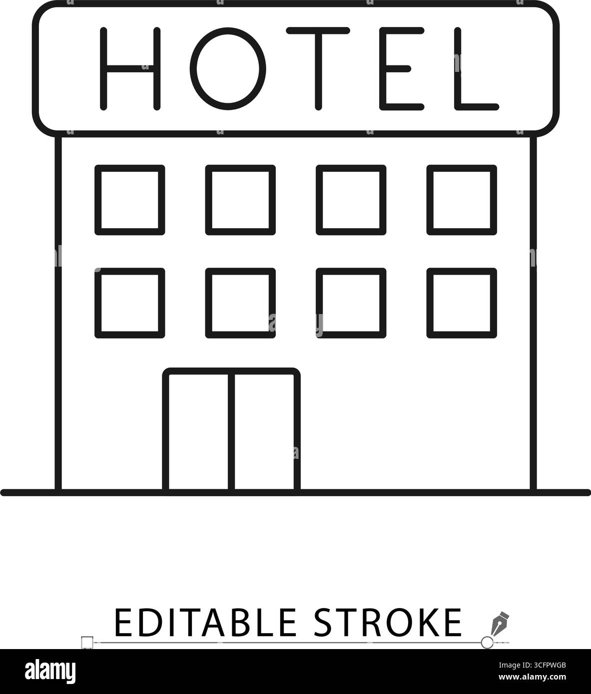 Symbol der Hotellinie mit bearbeitbarem Kontur. Vektorumriss des Gebäudes mit Fenstern und Eingang. Minimalistisches Symbol für Unterkunft, Reisen, Tourismus Stock Vektor