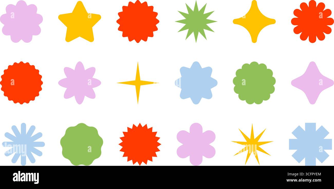 Sternförmige Abzeichen. Sternenaufklebersymbole. Runde Vektoretiketten für Preis, Verkauf und Werbeangebote. Stock Vektor