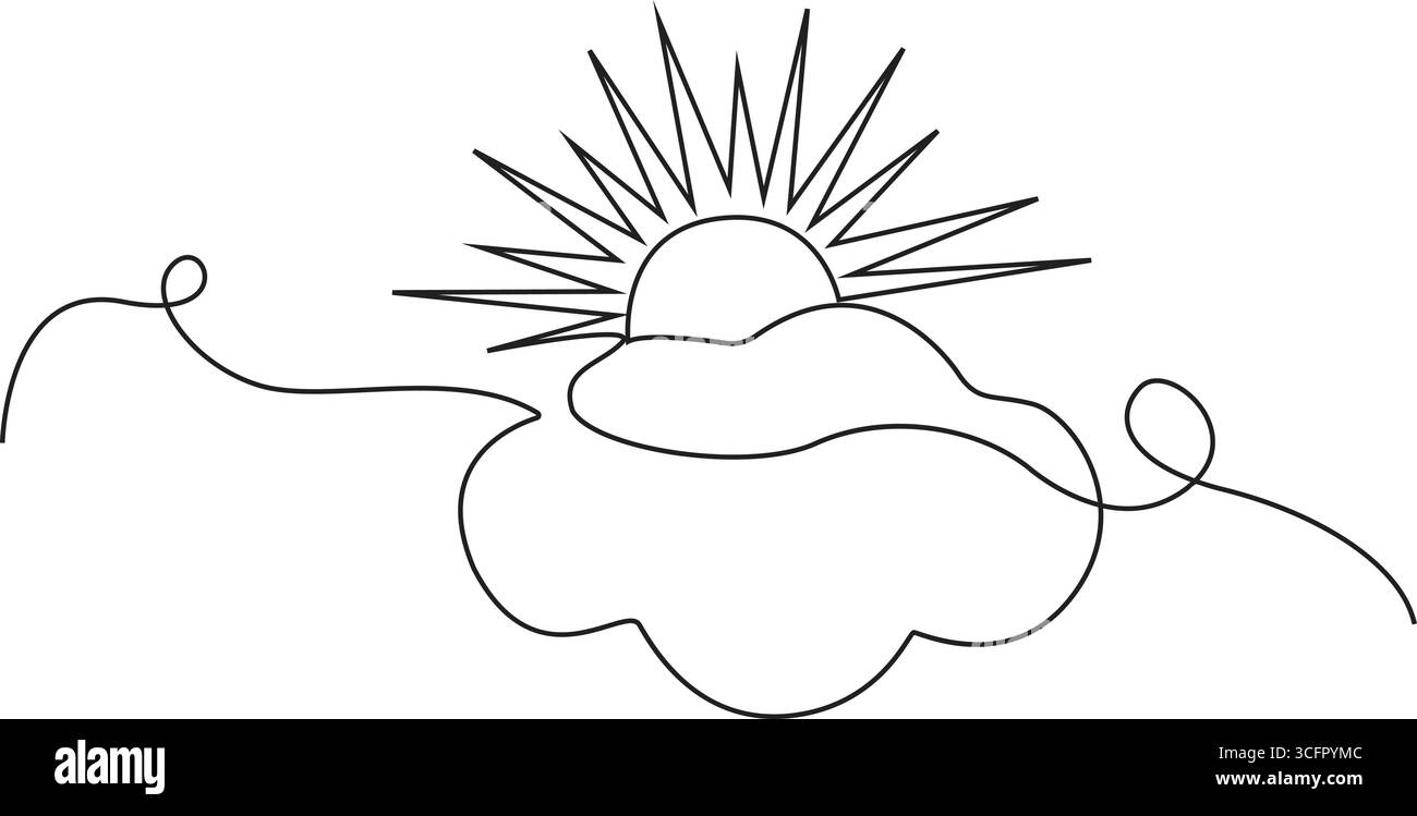 Durchgehende einzeilige Sonne und Wolken, Sonne hinter Wolken einfache Zeichnungen in einer Linienzeichnung, Vektorillustration Stock Vektor