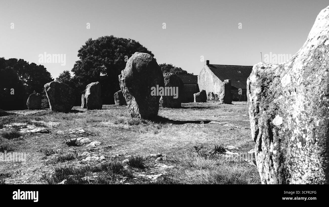 Schwarz-weiß-Blick auf die Menhirs in Carnac, Bretagne, Frankreich – prähistorische stehende Steine in einer ländlichen Landschaft. Stockfoto