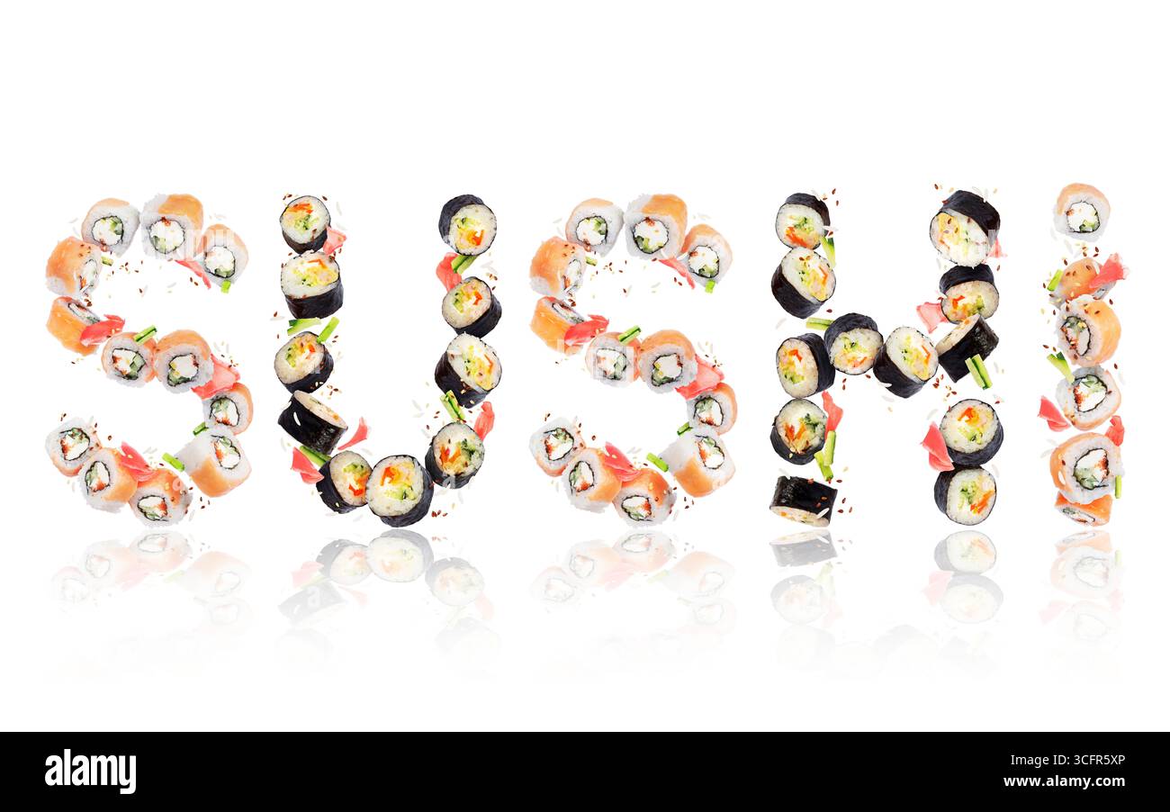 Inschrift Sushi aus Rollen in hoher Auflösung auf weißem Hintergrund Stockfoto