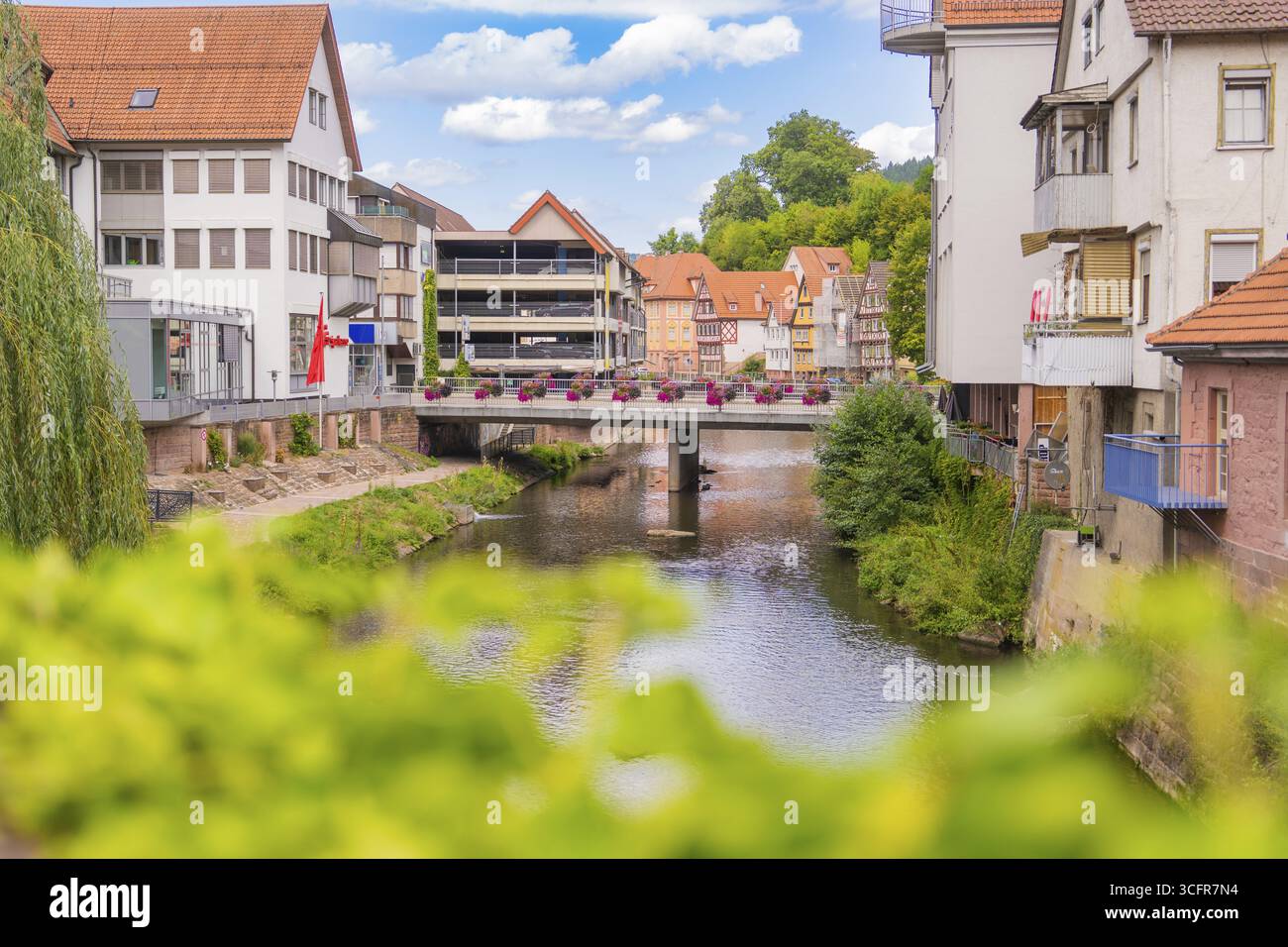 Städtischer Flusslauf mit Brücke, flankiert von modernen Gebäuden und Sommerblumen, kleine Stadt Perle Calw, Schwarzwald, Deutschland Stockfoto