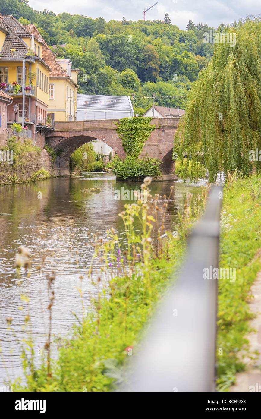 Fluss mit Steinbrücke und Häusern am Ufer, umgeben von grüner Natur, Kleinstadt Perle Calw, Schwarzwald, Deutschland Stockfoto