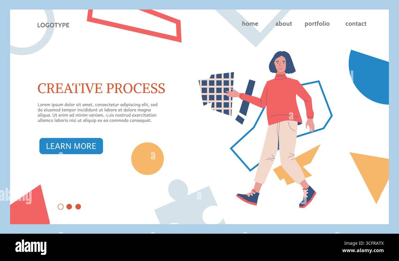 Kreativer Prozess. Webbanner-Design. Landing-Page. Kreatives Geschäft, Frau auf abstraktem Hintergrund. Brainstorming und Innovation bei der Arbeit. Website-Vorlage. Vektor-Cartoon flache Art isolierte Illustration Stock Vektor