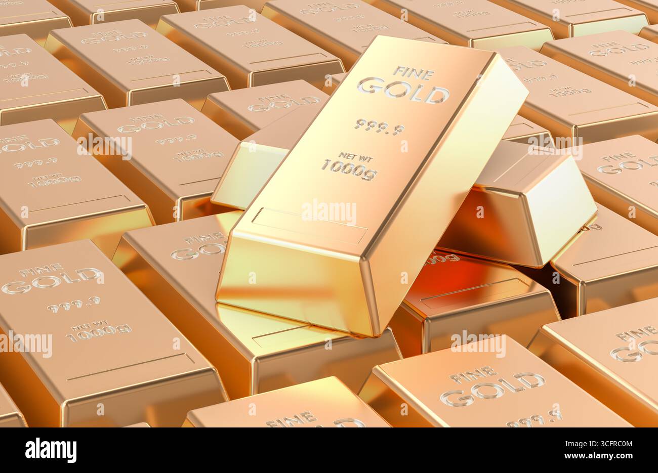 Goldbarren gestapelt mit einem Ingot in einem Winkel. 3D-Rendering Stockfoto