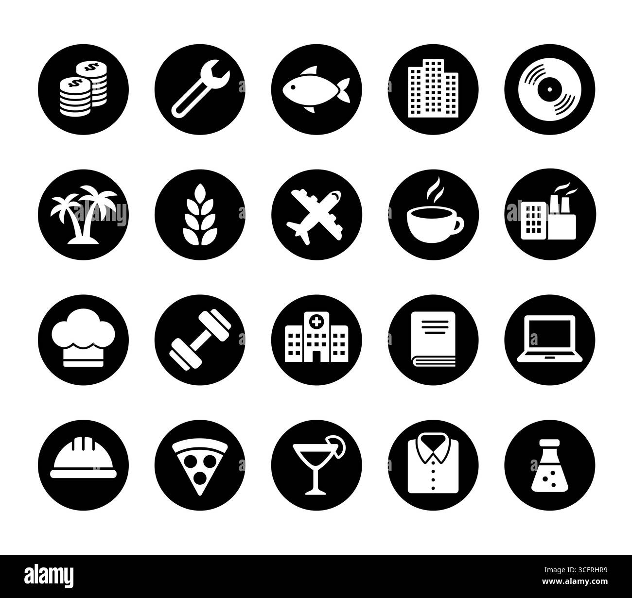 Große Ikone für Unternehmen und Berufe. Industrie und Dienstleistungen, Lebensmittel und Produktion. Flache Zeichentrickgrafik helle Farbvektorsymbole. Stock Vektor