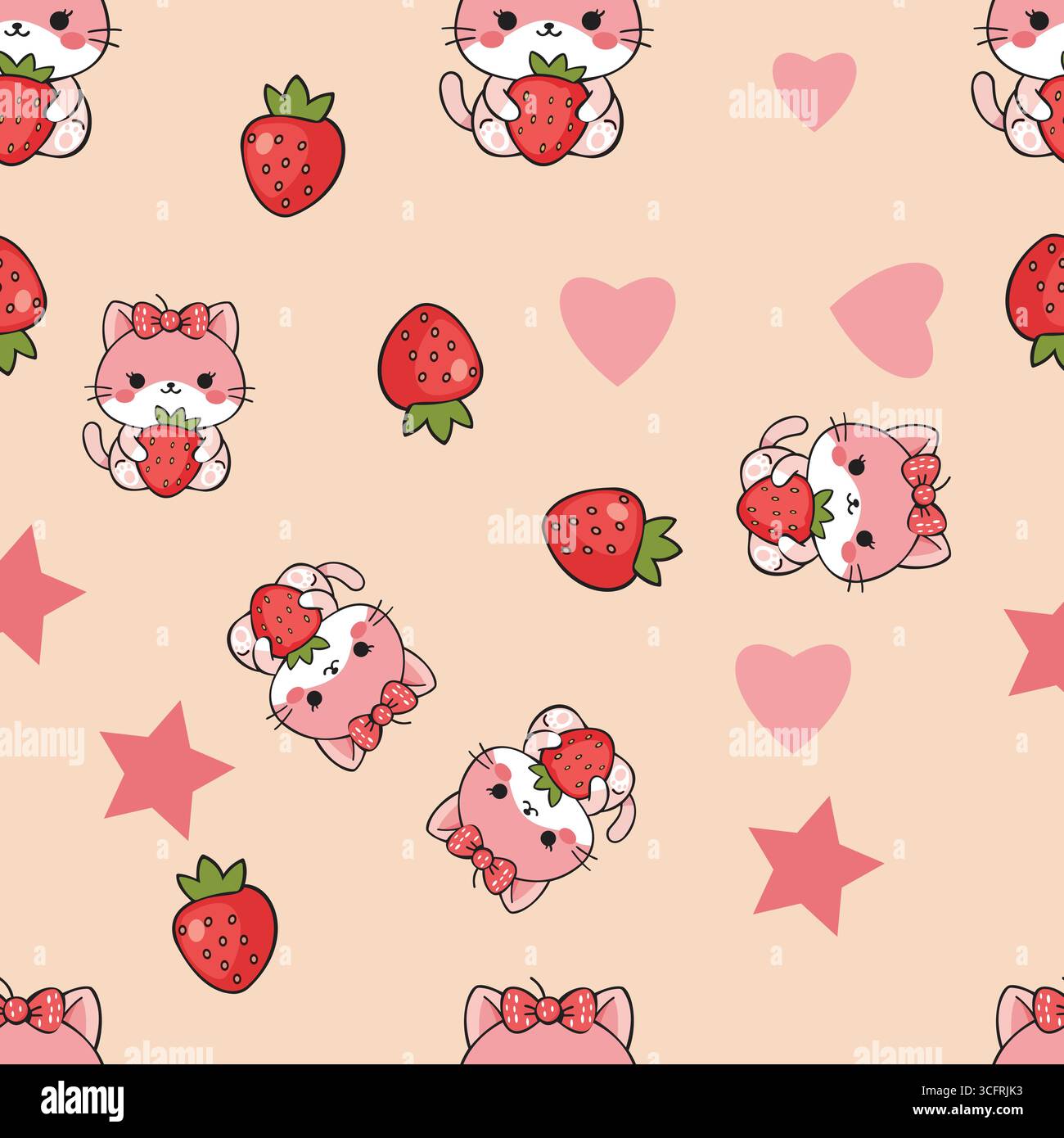 Dieses wunderschöne Muster zeigt niedliche Karikaturkatzen mit Erdbeeren, Herzen und Sternen auf weichem pfirsichfarbenem Hintergrund. Perfekt für Kinderbekleidung, s Stock Vektor
