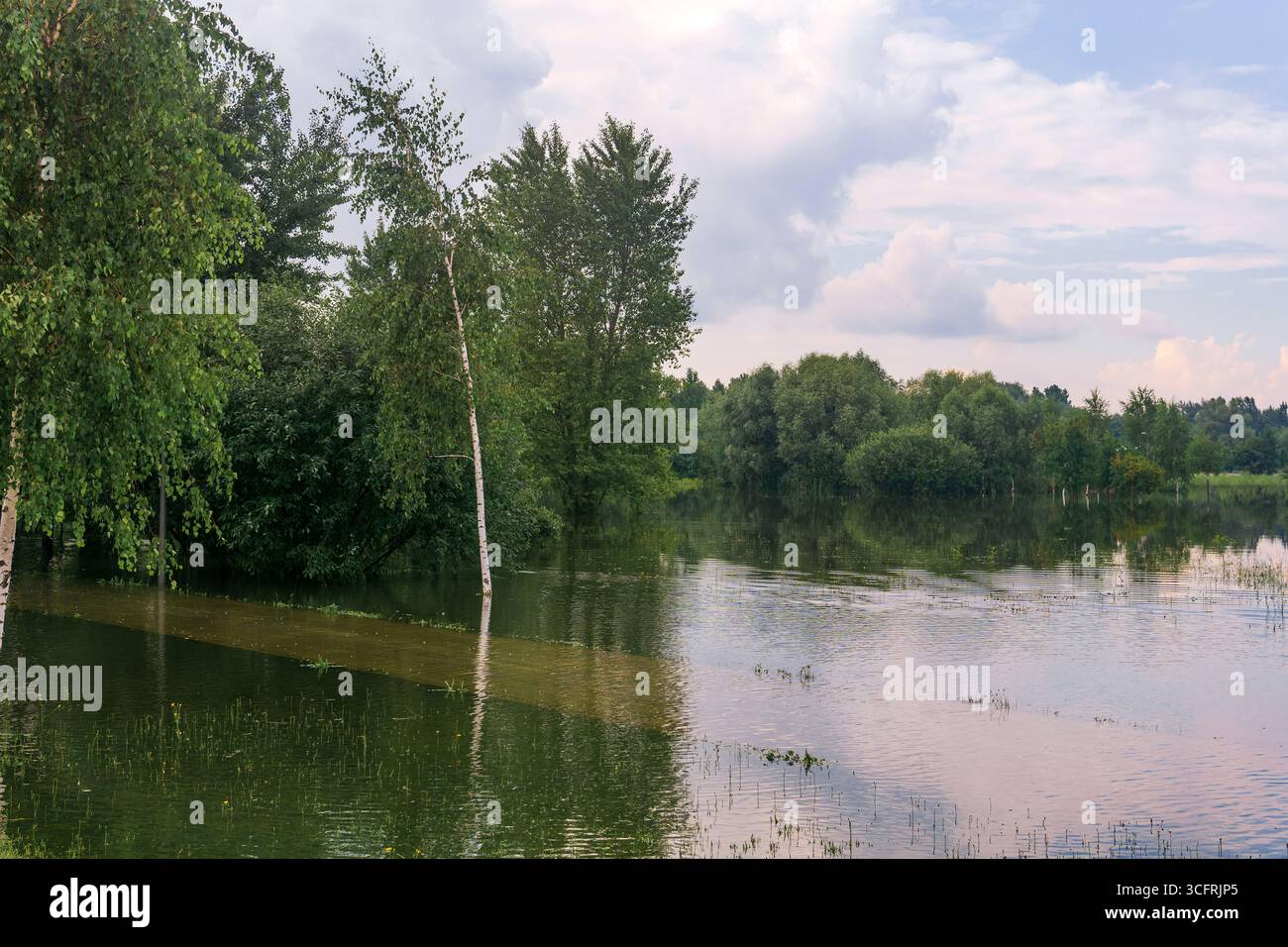 park überflutet nach starken Regenfällen, ein Pfad ist im Wasser sichtbar Stockfoto