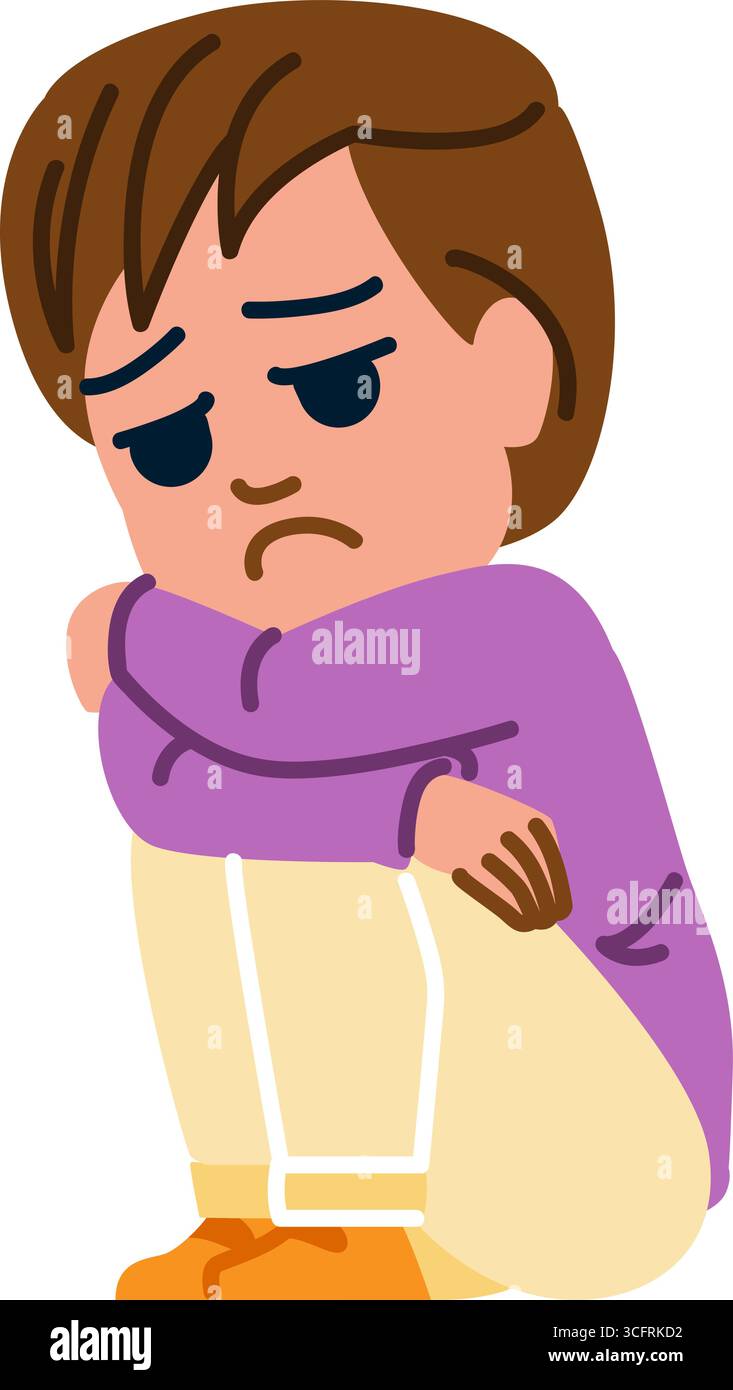 Trauriges Kind, das allein sitzt und die Knie umarmt Stock Vektor