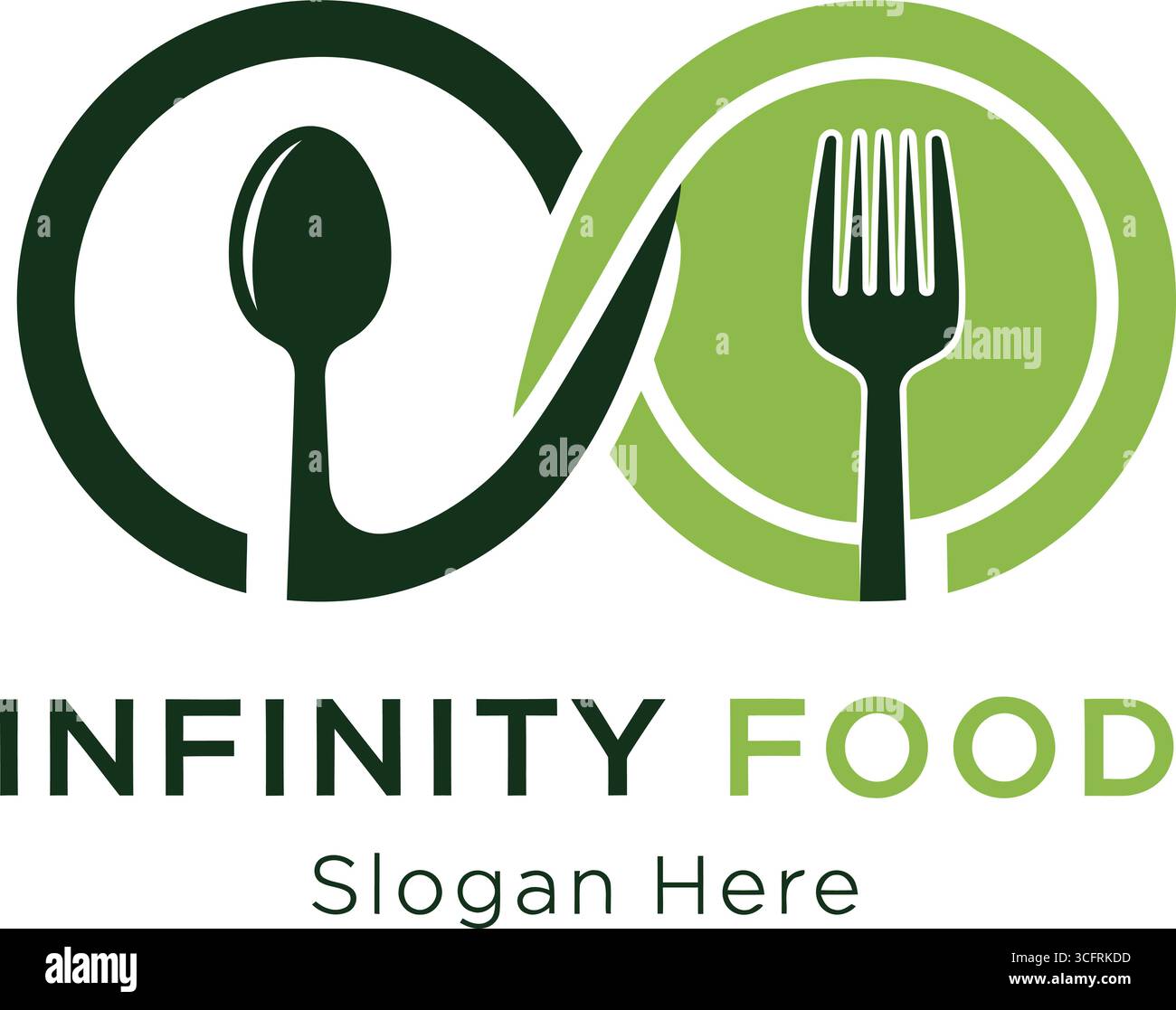 Dieses moderne Logo zeigt ein Infinity-Symbol, das kreativ mit einem Löffel und einer Gabel integriert ist und unendlich viele kulinarische Möglichkeiten symbolisiert. Das saubere Design Stock Vektor