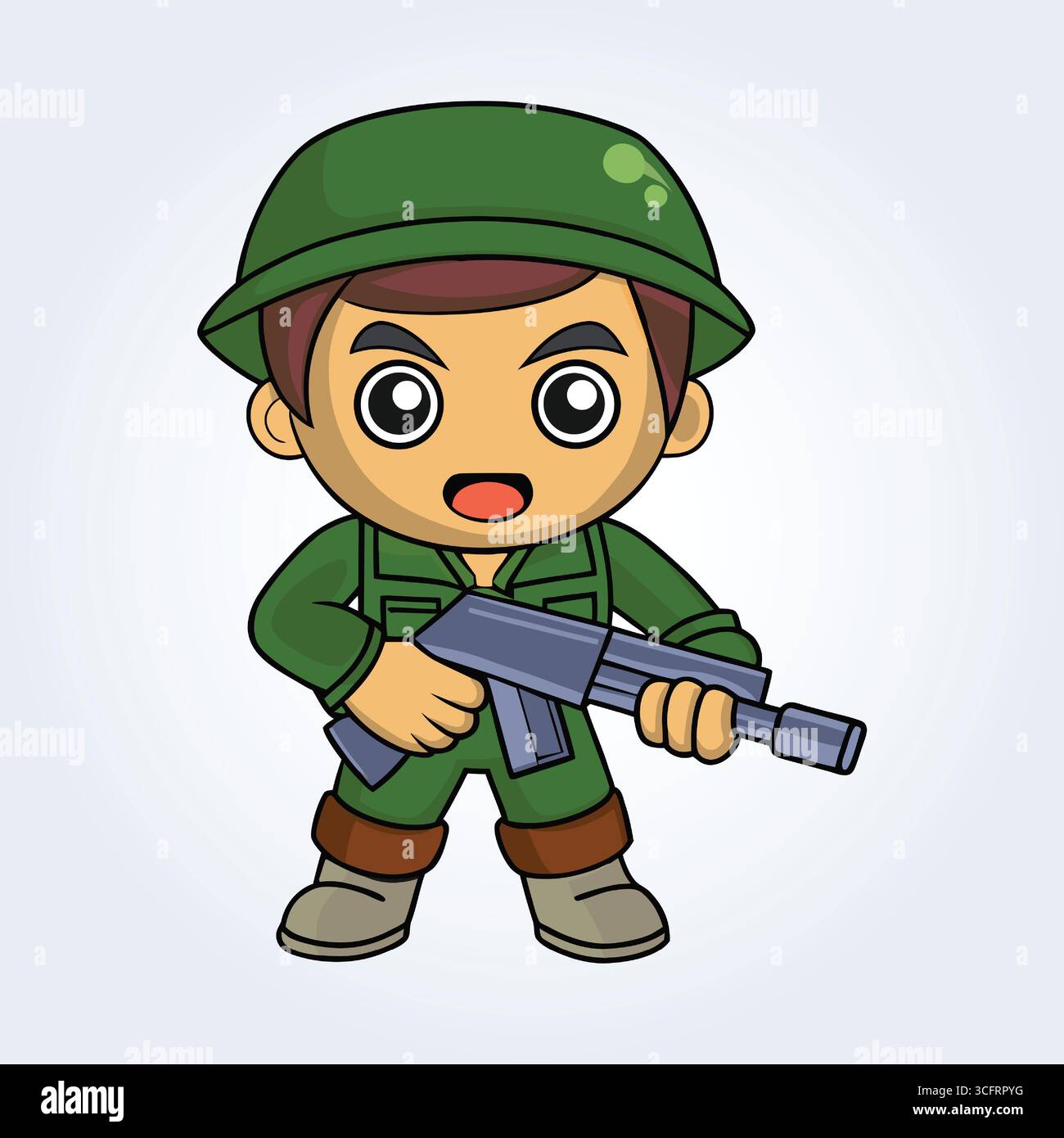 Eine Illustrationsfigur eines Armeemanns, der Augen in grüner Uniform und einer Waffe öffnet Stock Vektor