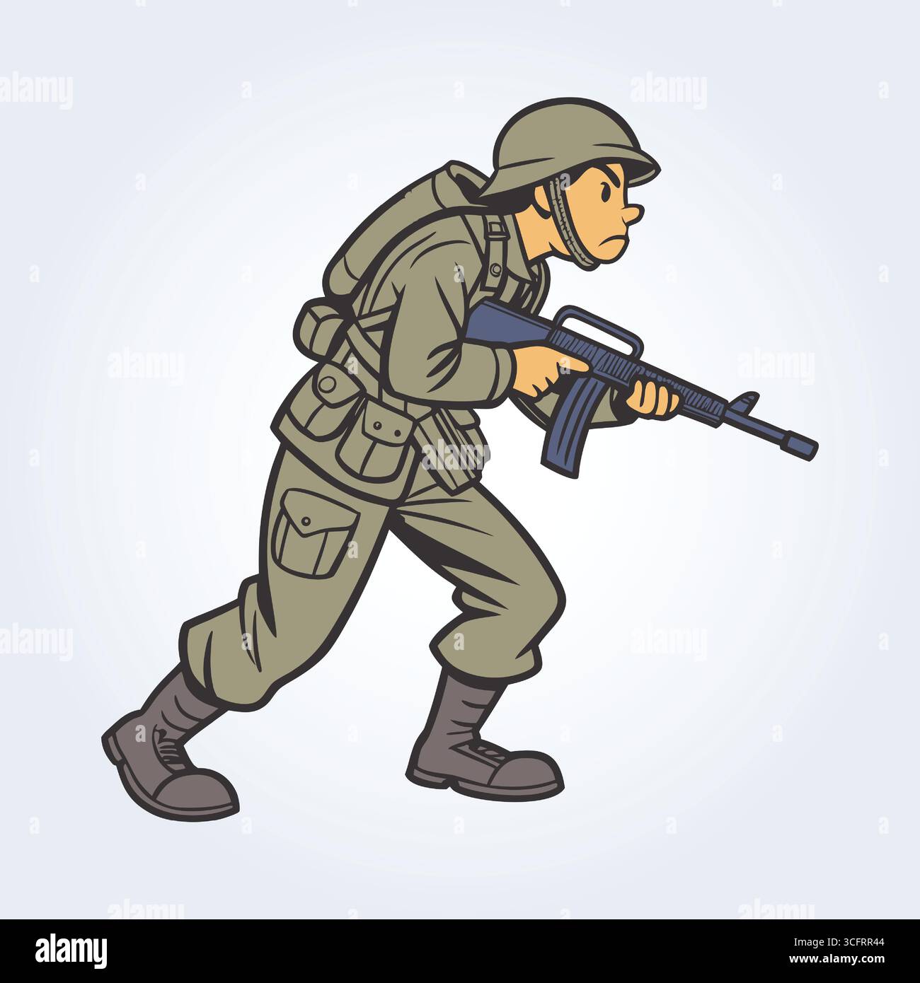 Eine Illustrations-Zeichentrickfigur eines Militärs, eine Waffe in der linken Hand und Gehen Stock Vektor