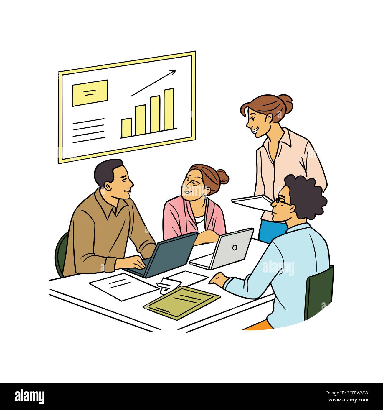 Eine Charakterabbildung des Office Four-Mitarbeitertreffens mit einem Storyboard Stock Vektor