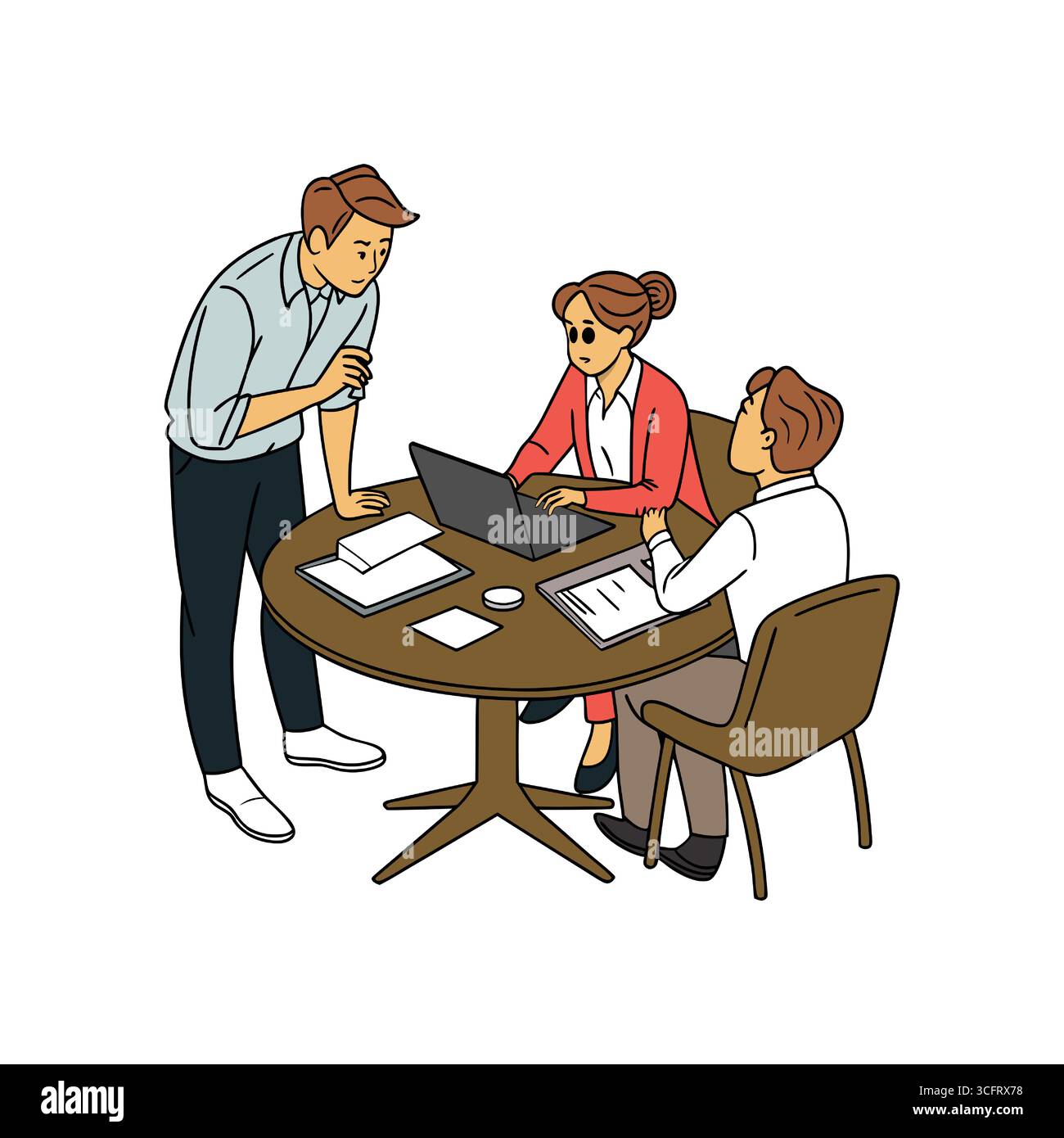 Eine Charakterdarstellung der Büromitarbeiter, die sich mit zwei Laptops treffen Stock Vektor