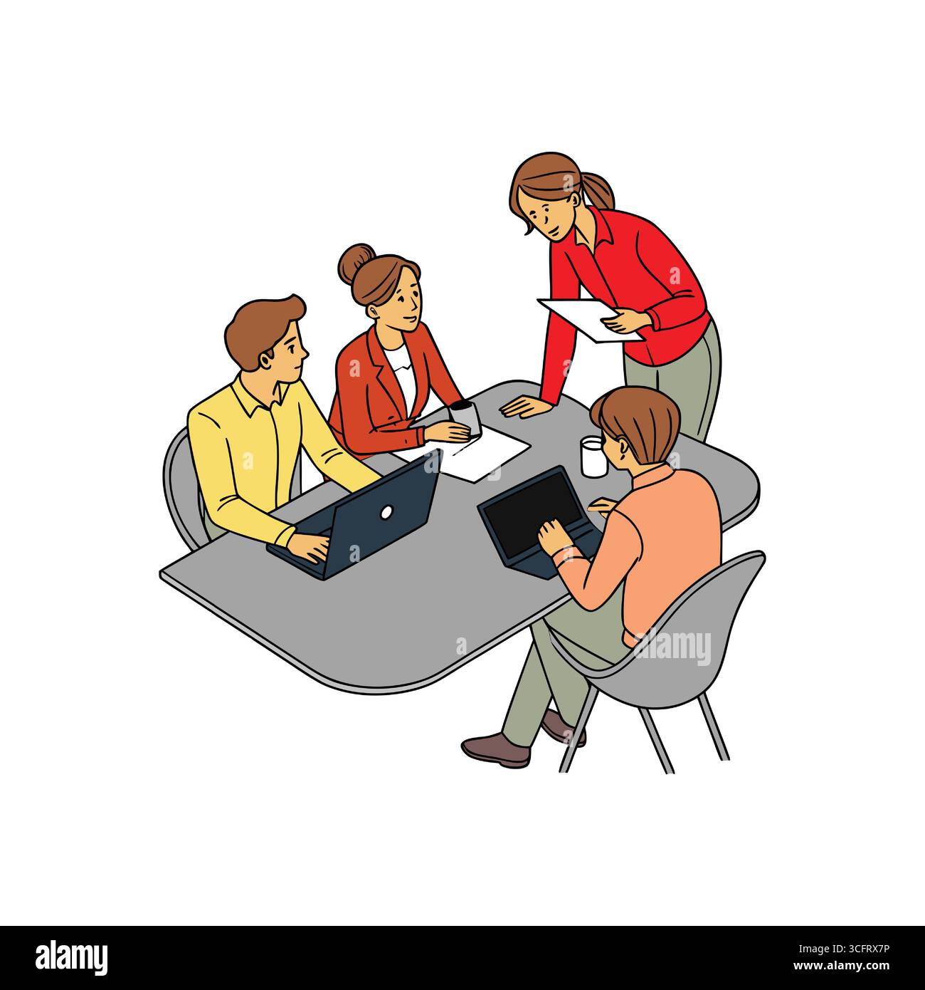 Eine Charakterdarstellung der Umwandlung des Besprechungstisches durch Büromitarbeiter Stock Vektor