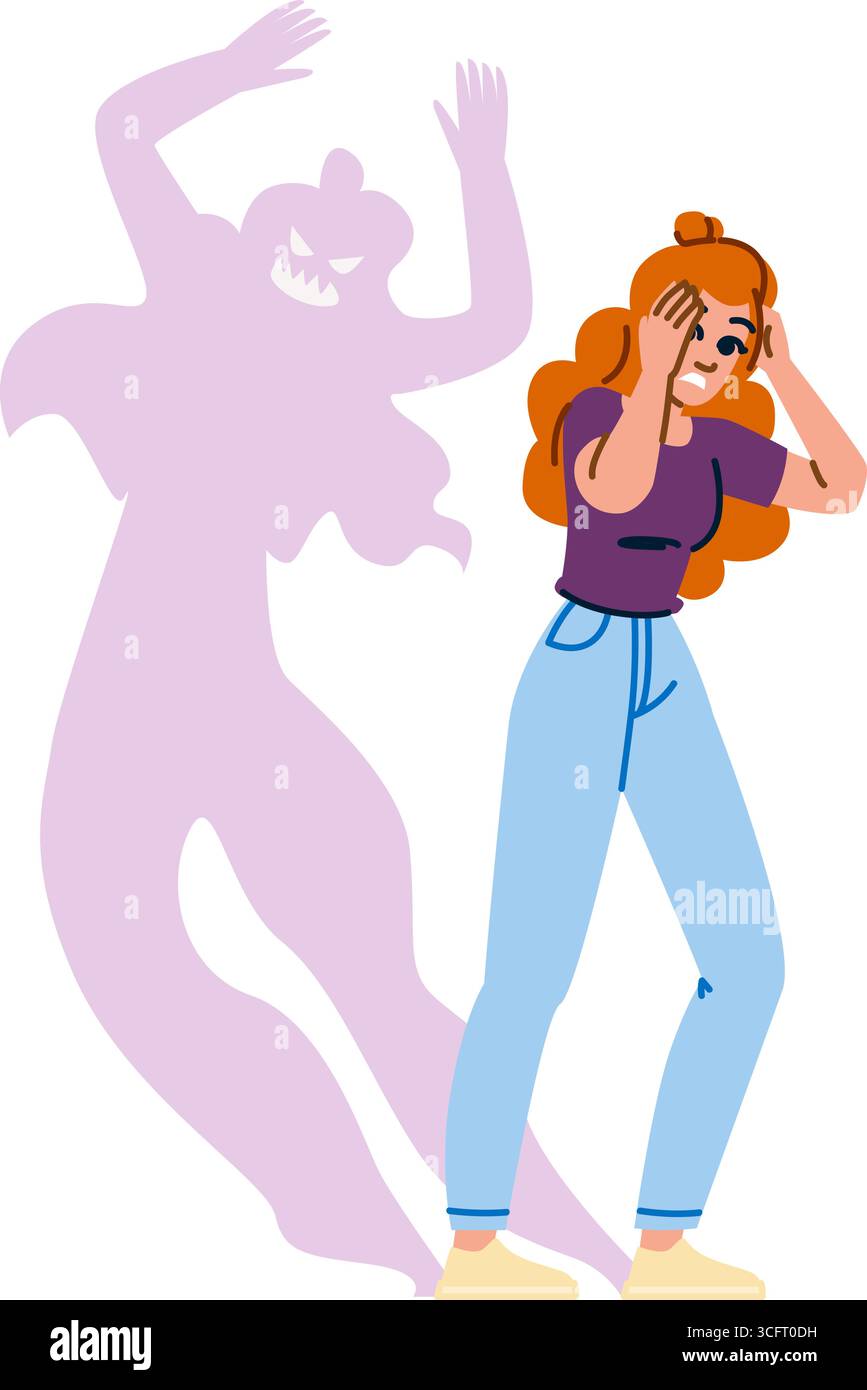 Frau mit Panikattacke, die Angst und Angst hat, die Ohren mit Händen zu bedecken Stock Vektor