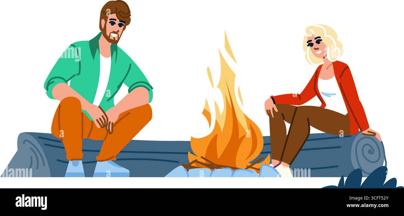 Wanderer, die sich am Lagerfeuer nach der Wanderung in den Wäldern entspannen Stock Vektor