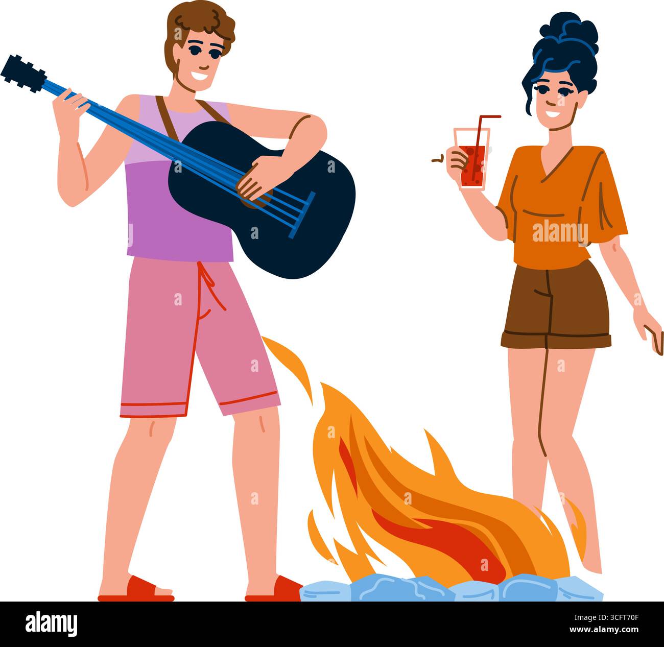 Freunde spielen Gitarre und trinken Cocktails auf der Lagerfeuerparty Stock Vektor