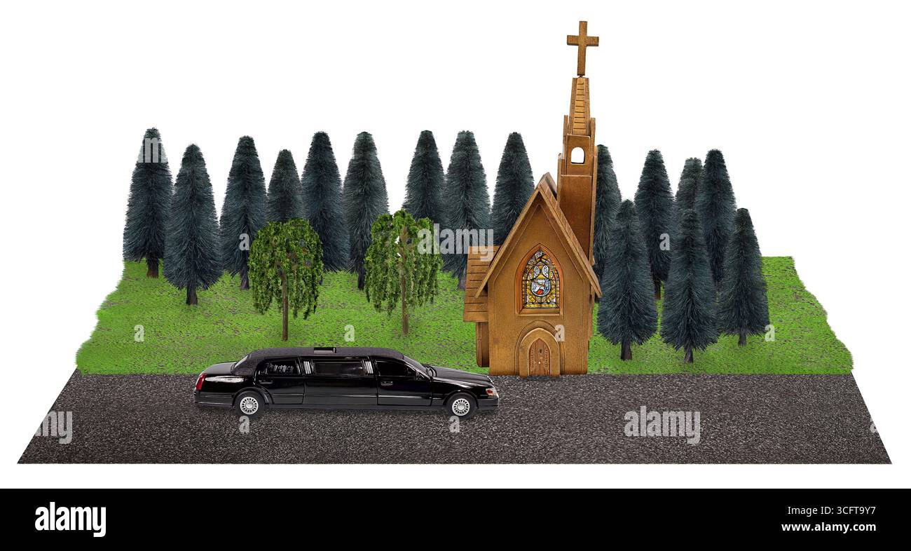 Limousine für besondere Anlässe vor einer Kirche mit Bäumen in der Nähe Stockfoto