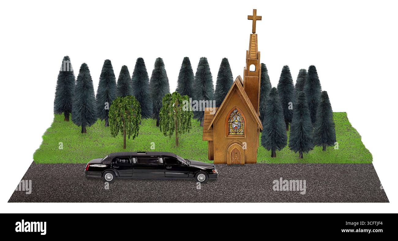 Limousine für besondere Anlässe vor einer Kirche mit Bäumen in der Nähe Stockfoto