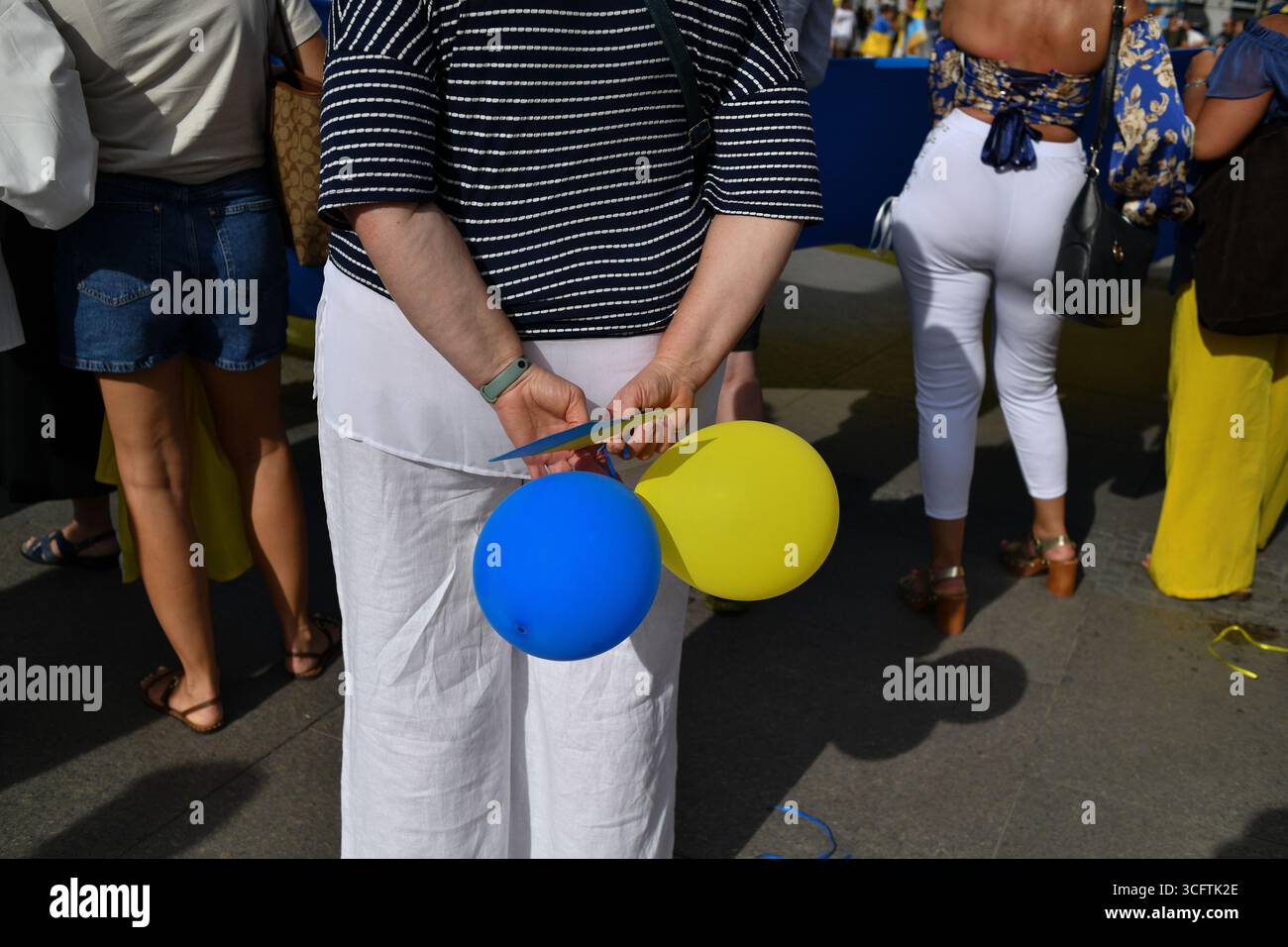 Manifesters während eines Protestes anlässlich des Unabhängigkeitstages der Ukraine, die Ukraine nicht feiert, widersetzt er sich in der Puerta del Sol. Madrid, August Stockfoto
