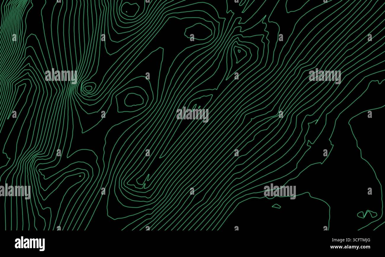 Faszinierendes abstraktes topografisches Design mit leuchtenden grünen Konturlinien auf schwarzem Hintergrund, das topologische Tiefe und Höhe veranschaulicht Stockfoto