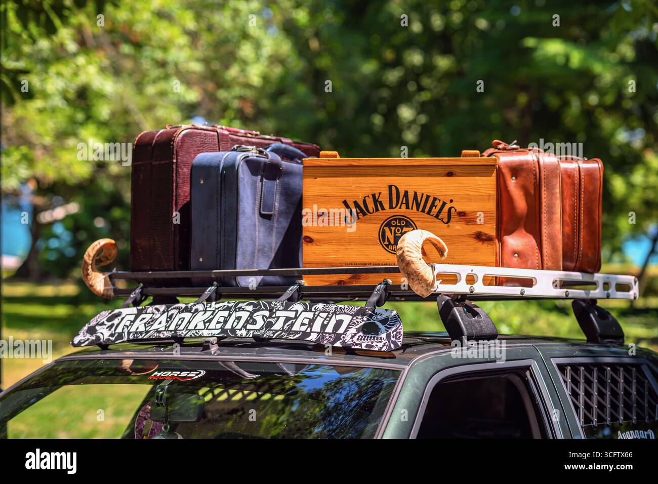 Vintage-Koffer und Jack Daniels Holzkiste auf Dachträger mit dekorativen Hörnern gesichert. Konzept für Roadtrip-Vibe, Retro-Lifestyle, kreatives Auto Stockfoto