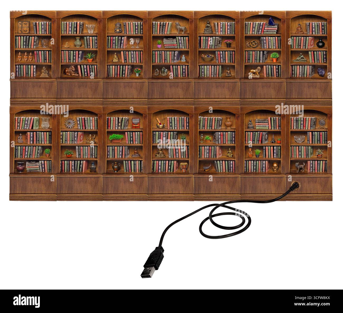 USB auf einem hölzernen Bücherregal mit abgerundeter Oberseite, voll mit einer Vielzahl von Büchern, um eine Online-Bibliothek oder Forschungsquelle zu zeigen Stockfoto