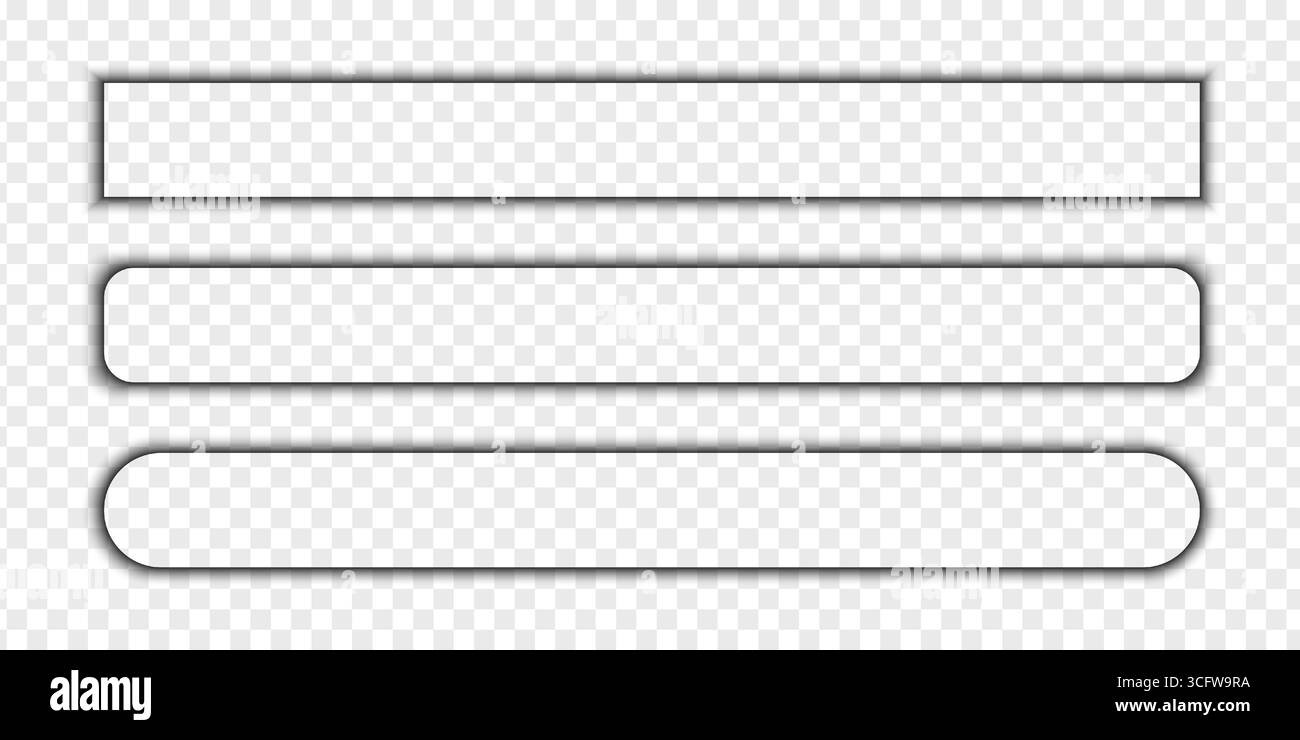 Satz von Schlagzeilen-, Tasten- oder Bannerschatteneffekten. Verschiedene realistische, weiche Formen. Rechteckige Schattierungen mit runden Kanten, die auf transparentem Hintergrund isoliert sind. Realistische Vektordarstellung. Stock Vektor