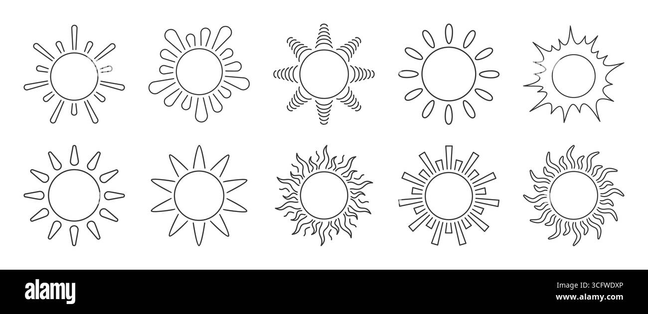 Sonnenlinie Icon Set, Sonnenschein Symbol, Zeichentrickfilm Glow Star Flare Zeichen, Doodle Solar in linearem Stil, verschiedene Strahl, umrissene Tageslichtzeichnung, einfacher Wärmelichtstrahl, helles Emblem kreisförmige leuchtende Kontur Stock Vektor