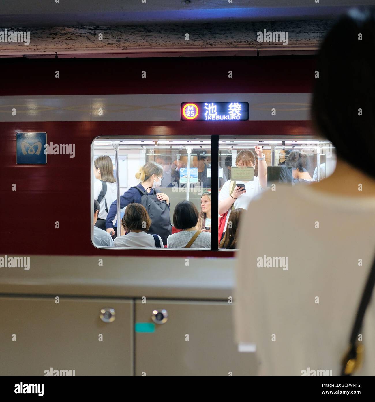 Passagiere in einem U-Bahn-Auto auf dem m25-Bahnsteig am Bahnhof Ikebukuro der Tokyo Metro Marunouchi Line; Tokio, Japan; U-Bahn-Benutzer und -Fahrer. Stockfoto