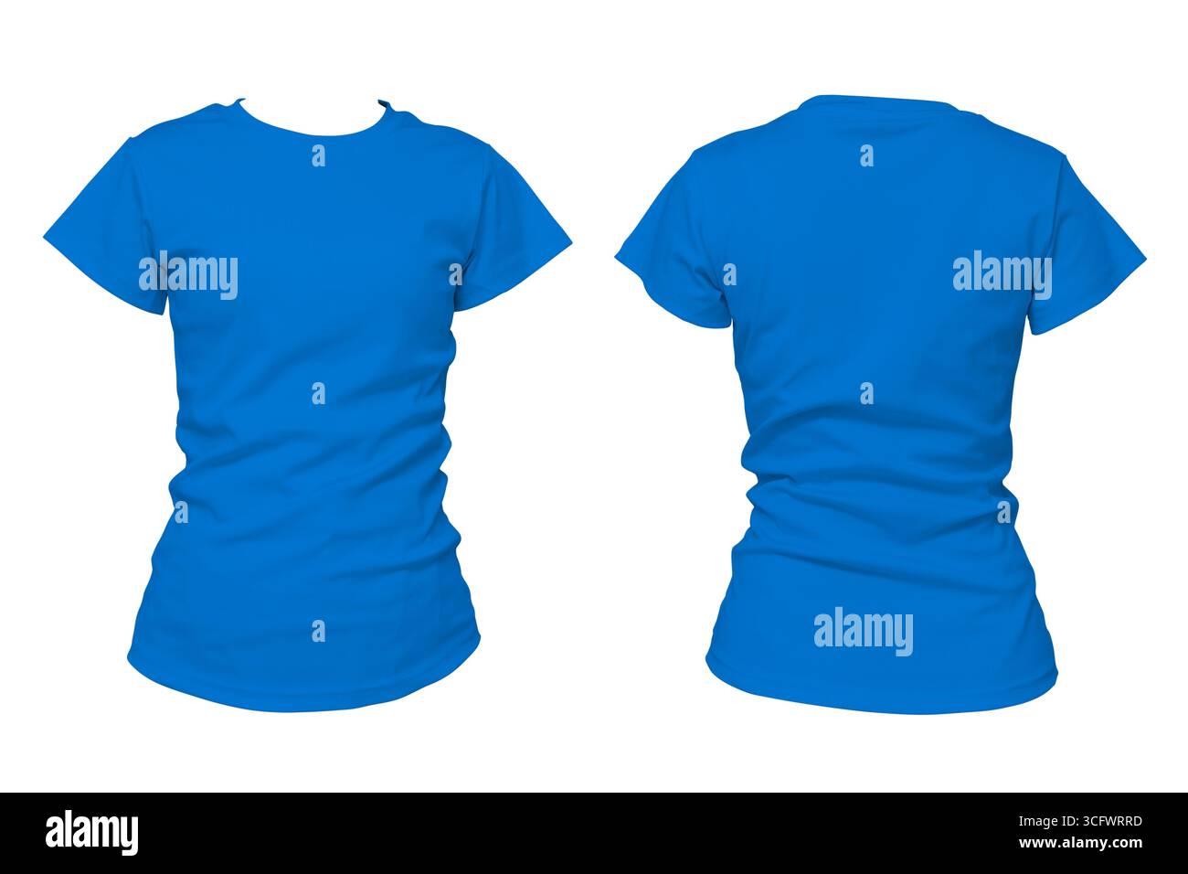 Leeres blaues T-Shirt Vorder- und Rückseite isoliert auf weißem Hintergrund, geeignet für Modedesign, Branding, Modell, Bekleidungsvorlage und Werbeartikel Stockfoto
