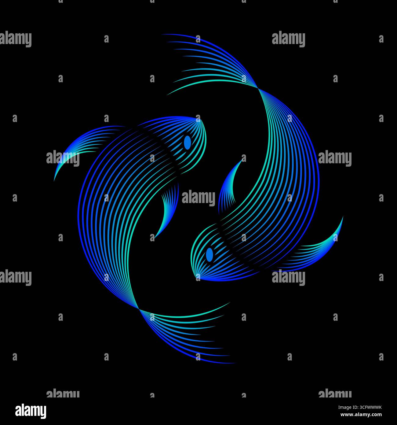Tanzende blaue Fischillustration auf schwarzem Hintergrund, ein Linolschnitt-Stil Vektor ideal für dekoratives, aquatisches oder symbolisches Design Stock Vektor