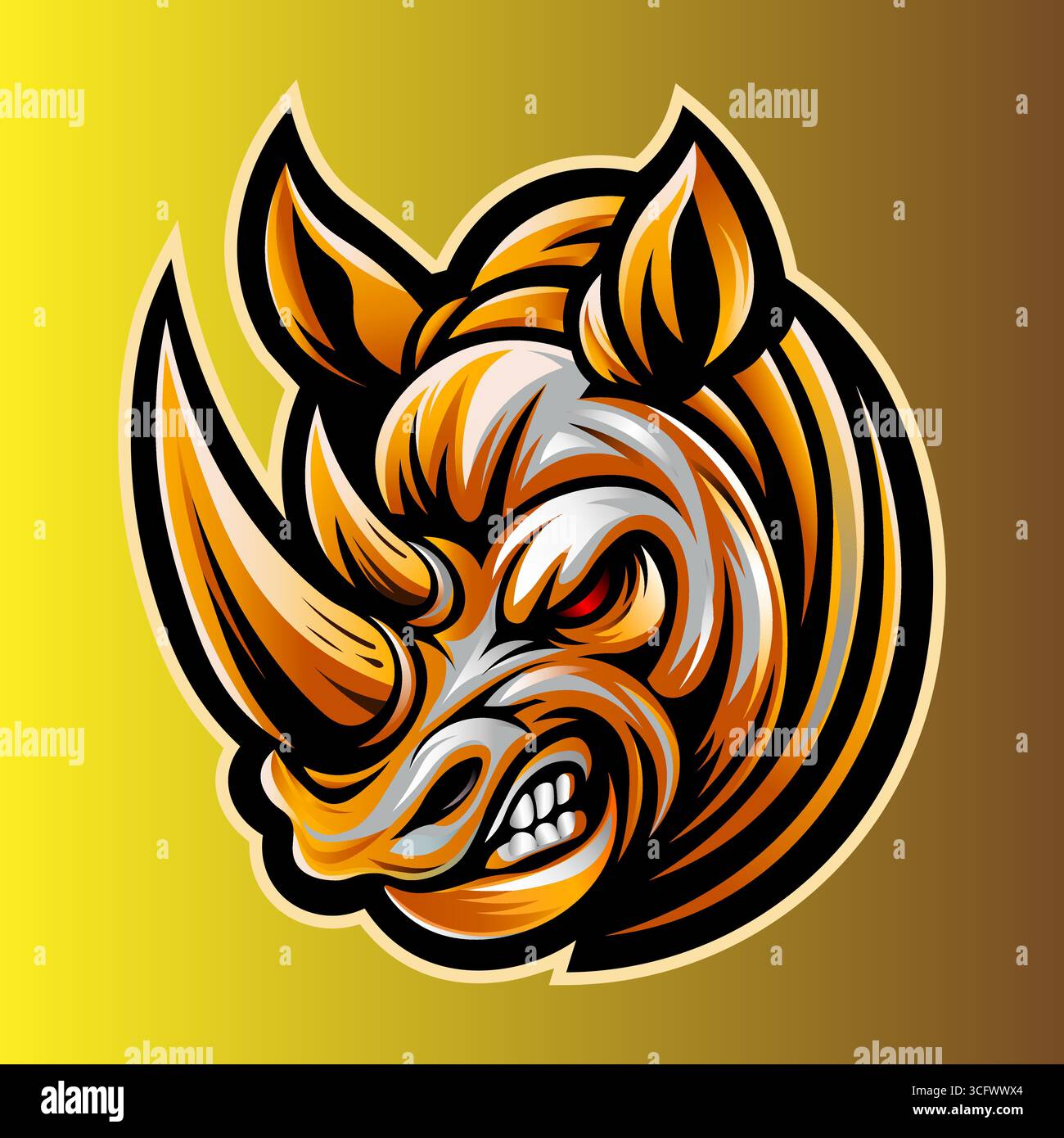 Wildes Nashorn Maskottchen Illustration mit scharfen Hörnern und leuchtenden Gelbtönen, perfekt für Sport, Spiele oder aggressive Markenidentität Stock Vektor