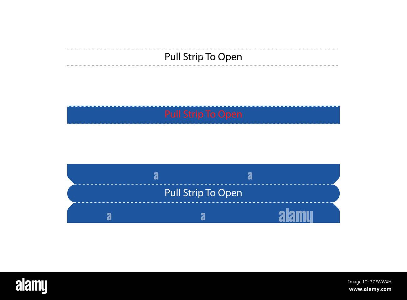 Anleitung zum Öffnen des Streifens für die Verpackung. Abbildung eines Abziehstreifens zum Öffnen eines Produkts. Stock Vektor