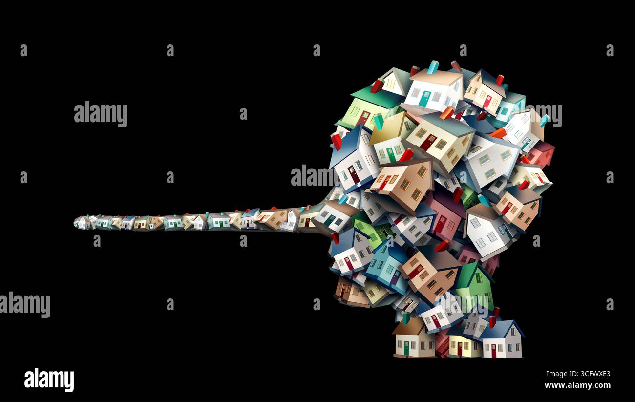 Hypothekenbetrug und Immobilienkriminalität Symbol und Wohnungsgeber illegale Hypotheken verstehen sich als eine Gruppe von Häusern oder Häusern, die als Lügner oder Lügner geformt sind Stockfoto