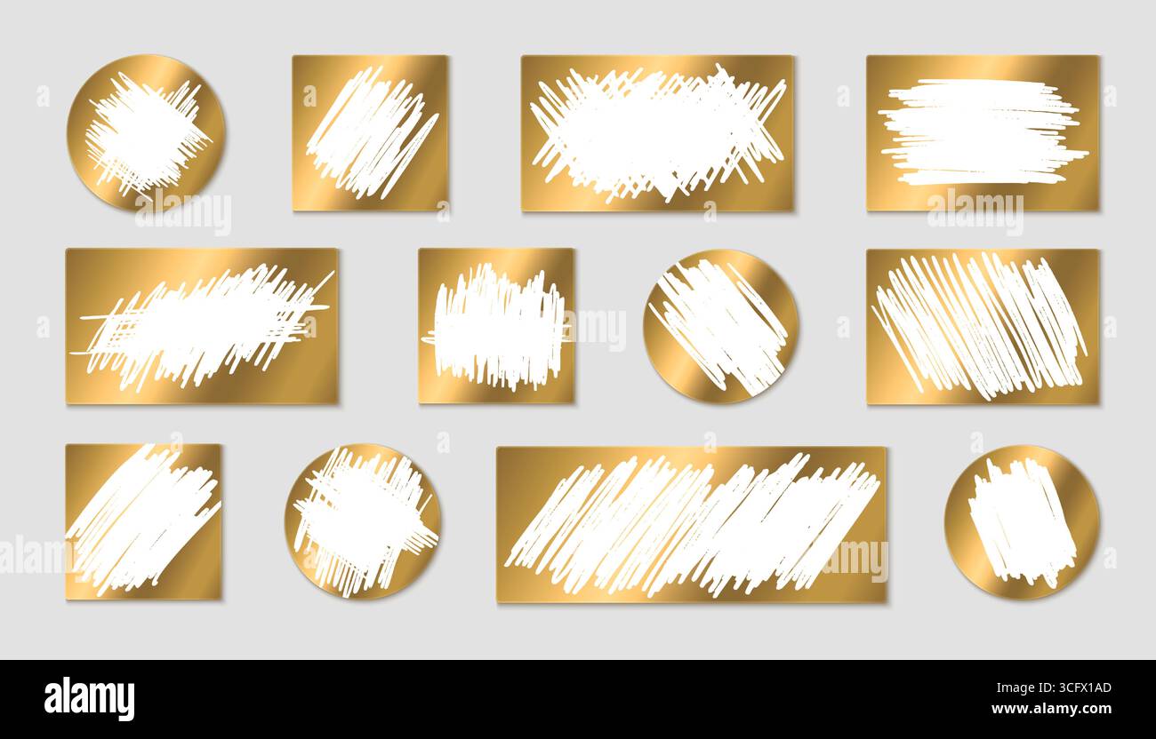 Goldene Scratch-Lotterie-Kartenformen mit weißen gekritzelten Texturen für die Gewinnenthüllung von Spielen. Hochwertige Metallic-Oberflächen zeigen zerkratzte Bereiche auf Rechtecken, Quadraten und Kreisen für Sofortgewinne an. Stock Vektor