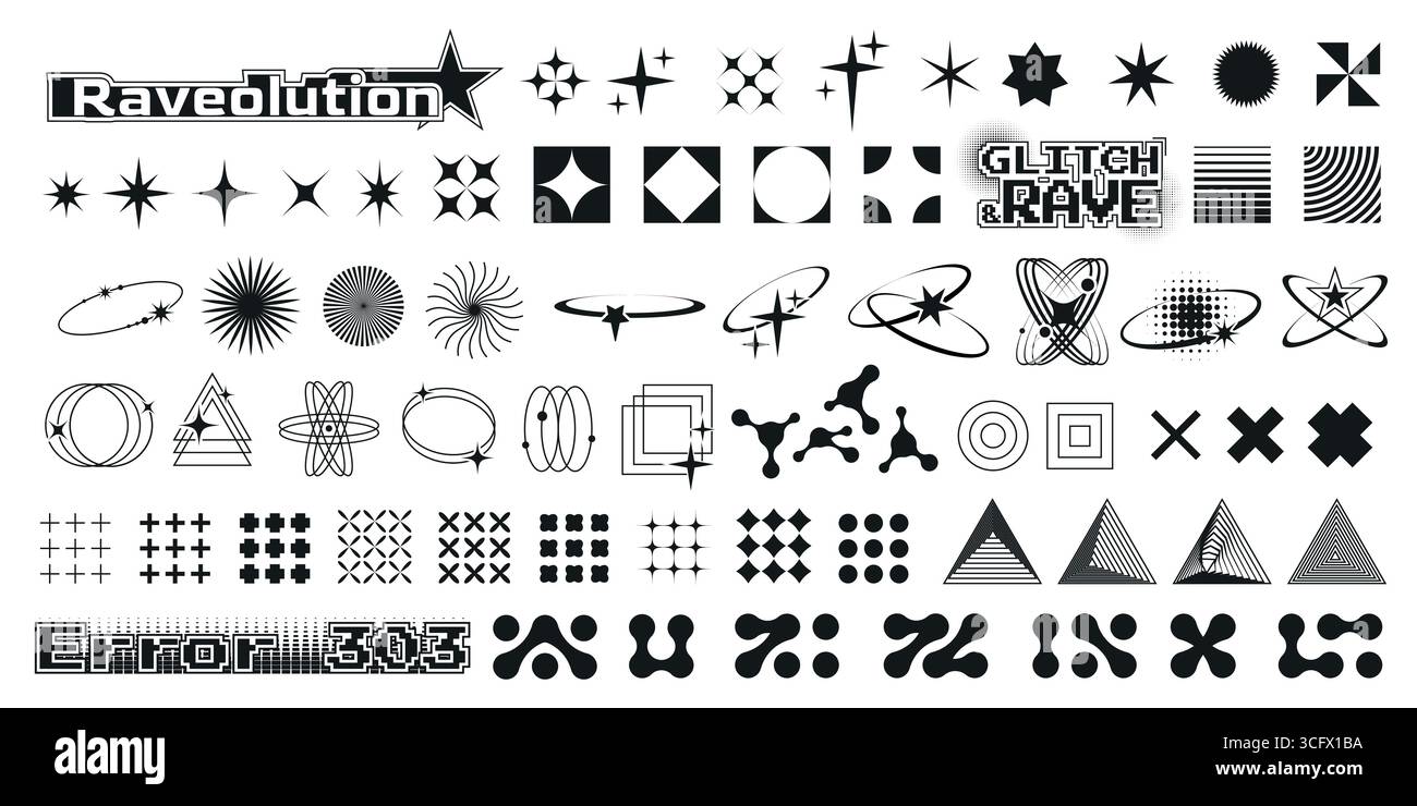 Techno-Poster y2k Retro-Designelemente mit Sternen, Glitch-Effekten und geometrischen Formen für Rave-Flyer. Orbitalringe, Pixelmuster und abstrakte Symbole mit Fehlertext für futuristische Partygrafik Stock Vektor