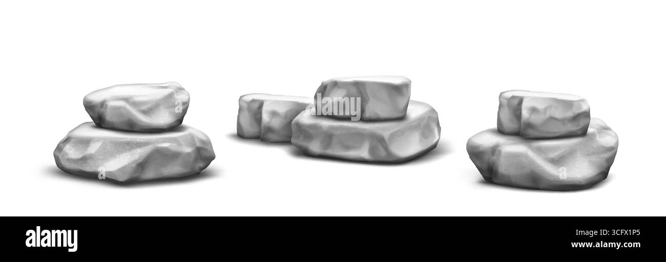 Graue Steinpodium-Felsformationen mit Schichtstrukturen und glatten polierten Oberflächen für Displays. Sockel aus Naturgranit, in Ebenen gestapelt, um Produkte oder Zen-Gartendekorationen zu präsentieren Stock Vektor