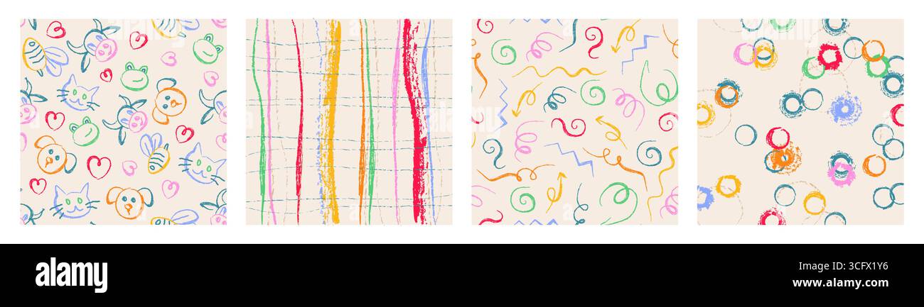 Nahtlose Muster für Kinder-Regenbogenschule mit bunten Kritzeleien – fröhliche Gesichter und Herzen von Tieren, helle Streifen und Kreise. Verspielte Strudel und Kritzeleien für Kinder, lehrreiche Einrichtung. Stock Vektor