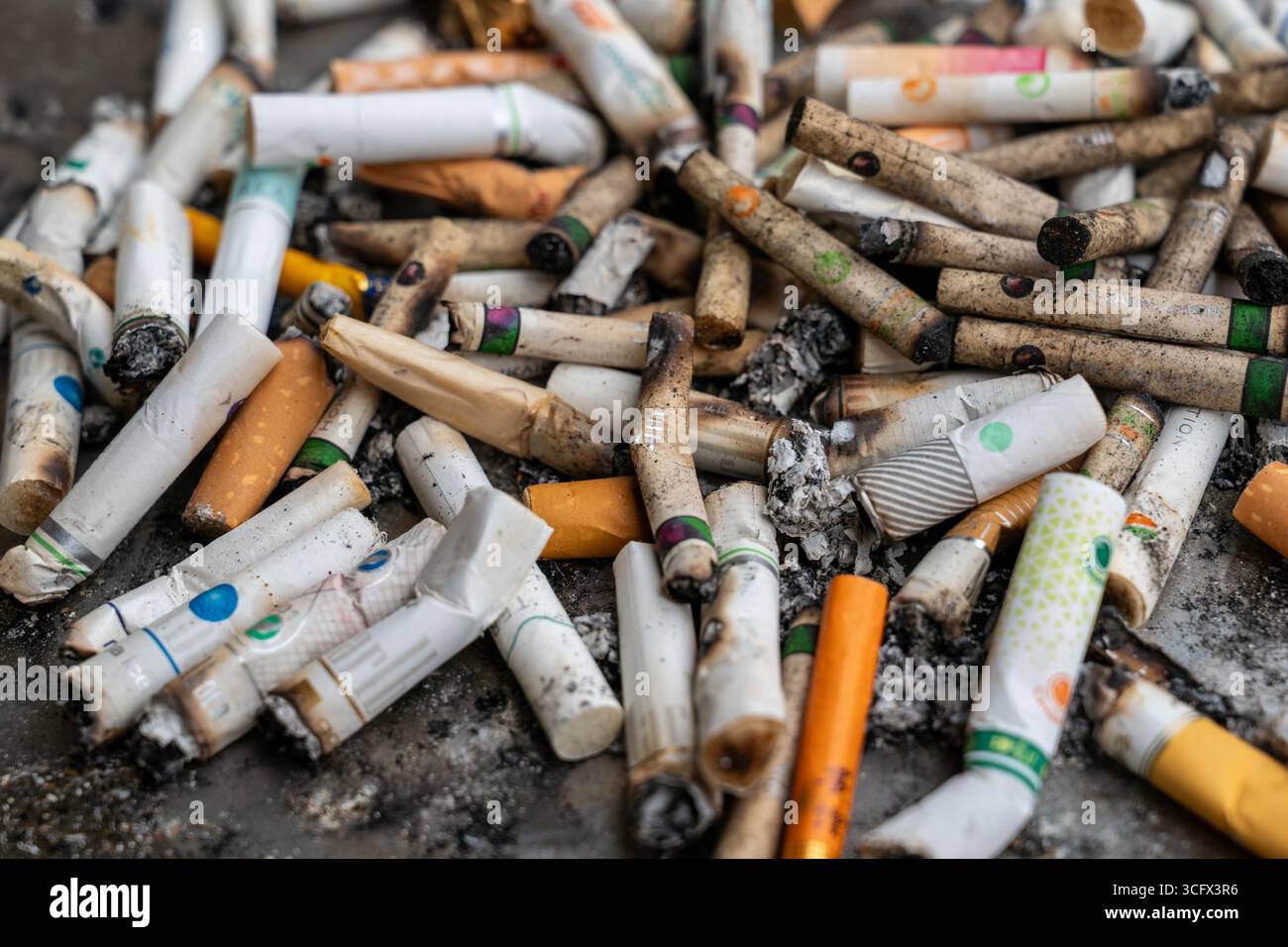 25. August 2025, Hongkong, Hongkong: Zigarettenkippen auf einem Mülleimer am 25. August 2025 in Hongkong. Die Regierung von Hongkong hat ein hartes Vorgehen gegen das illegale Rauchen in Nichtraucherzonen in der Nähe von öffentlichen Verkehrsmitteln eingeleitet. (Credit Image: © Vernon Yuen/Nexpher Images via ZUMA Press Wire) NUR REDAKTIONELLE VERWENDUNG! Nicht für kommerzielle ZWECKE! Stockfoto