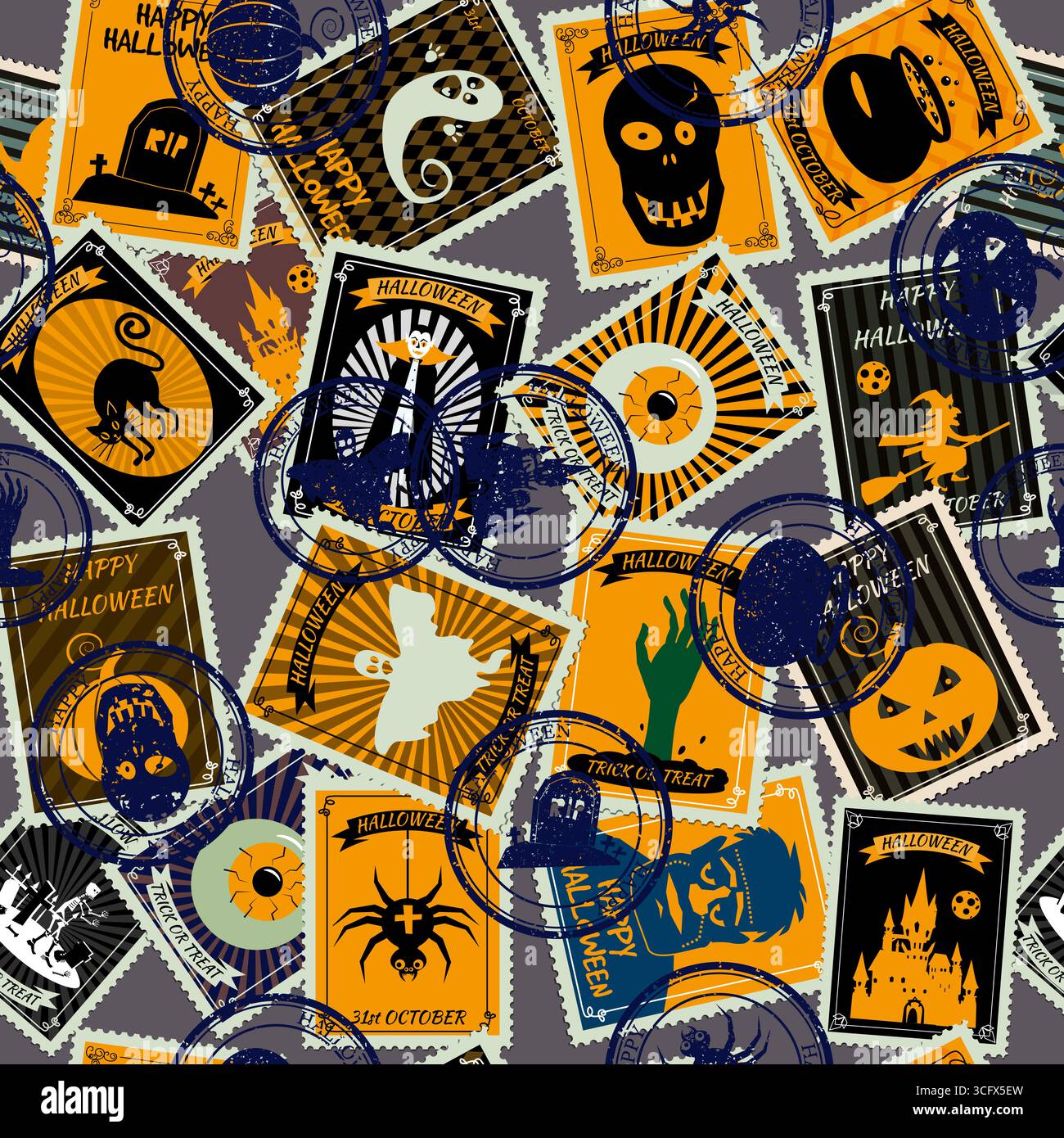 Nahtloses Muster Halloween, alte Briefmarken, Postvintage Stock Vektor