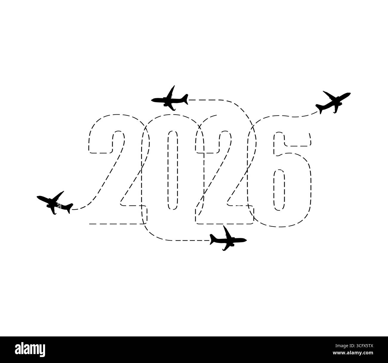 Frohe Weihnachten und Neujahrskonzept. Die Flugstrecke des Flugzeugs im Jahr 2026. Stockfoto