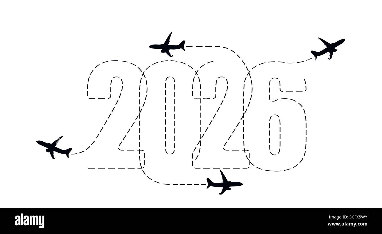 Frohe Weihnachten und Neujahrskonzept. Die Flugstrecke des Flugzeugs im Jahr 2026. Stock Vektor