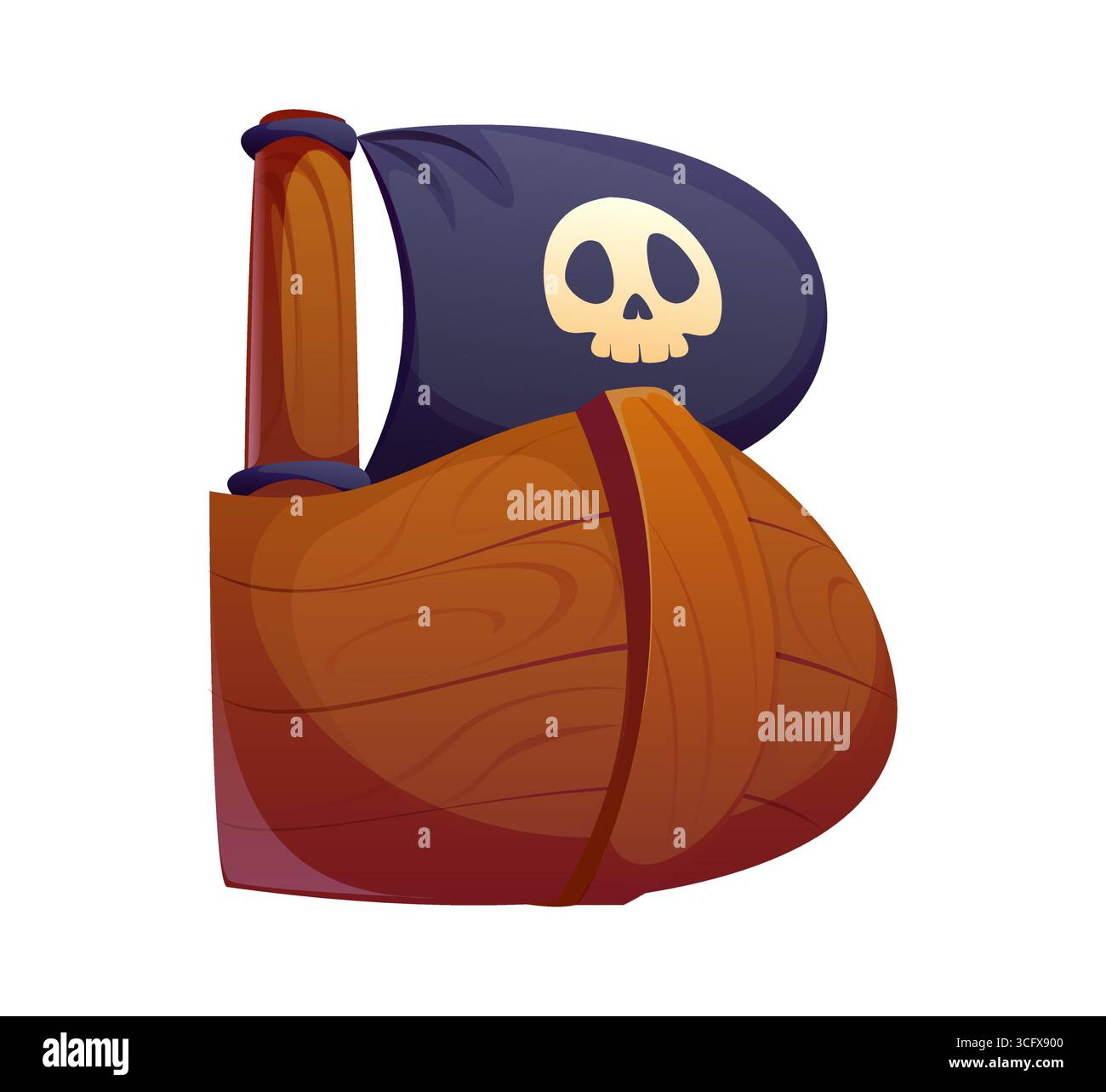 Karikatur Karibik Piraten Schriftart, Schiff oder Segelboot als Buchstabe B, Vektorschrift. Piraten und Korsaren Karibik Abenteuer Art Segelboot oder mittelalterliche Korsaren Schiff mit Jolly Roger Flagge als Schriftsatz Stock Vektor