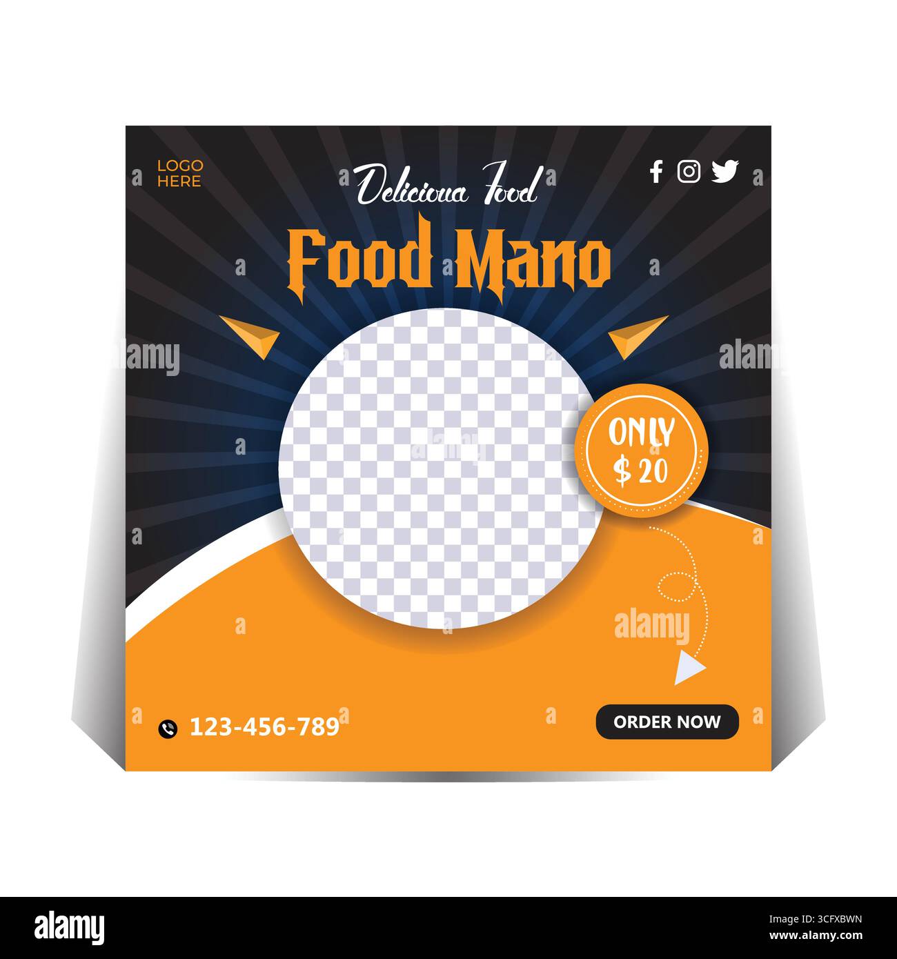 Werbematerial für Food-Restaurants in sozialen Medien mit anpassbarem Fotobereich Stock Vektor